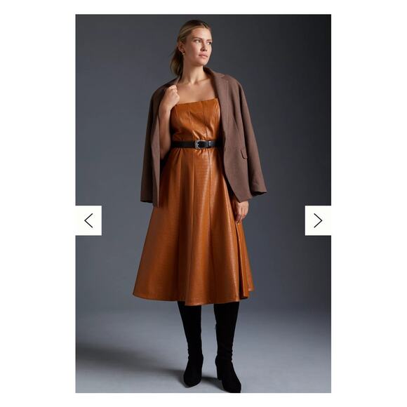 NWT Anthropologie Avec Les Filles Faux Brown Leather Seamed Swing Dress 1XL - Picture 1 of 12